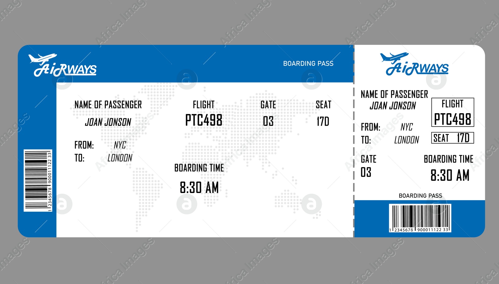 Image of Airline ticket. Boarding pass with information on grey background