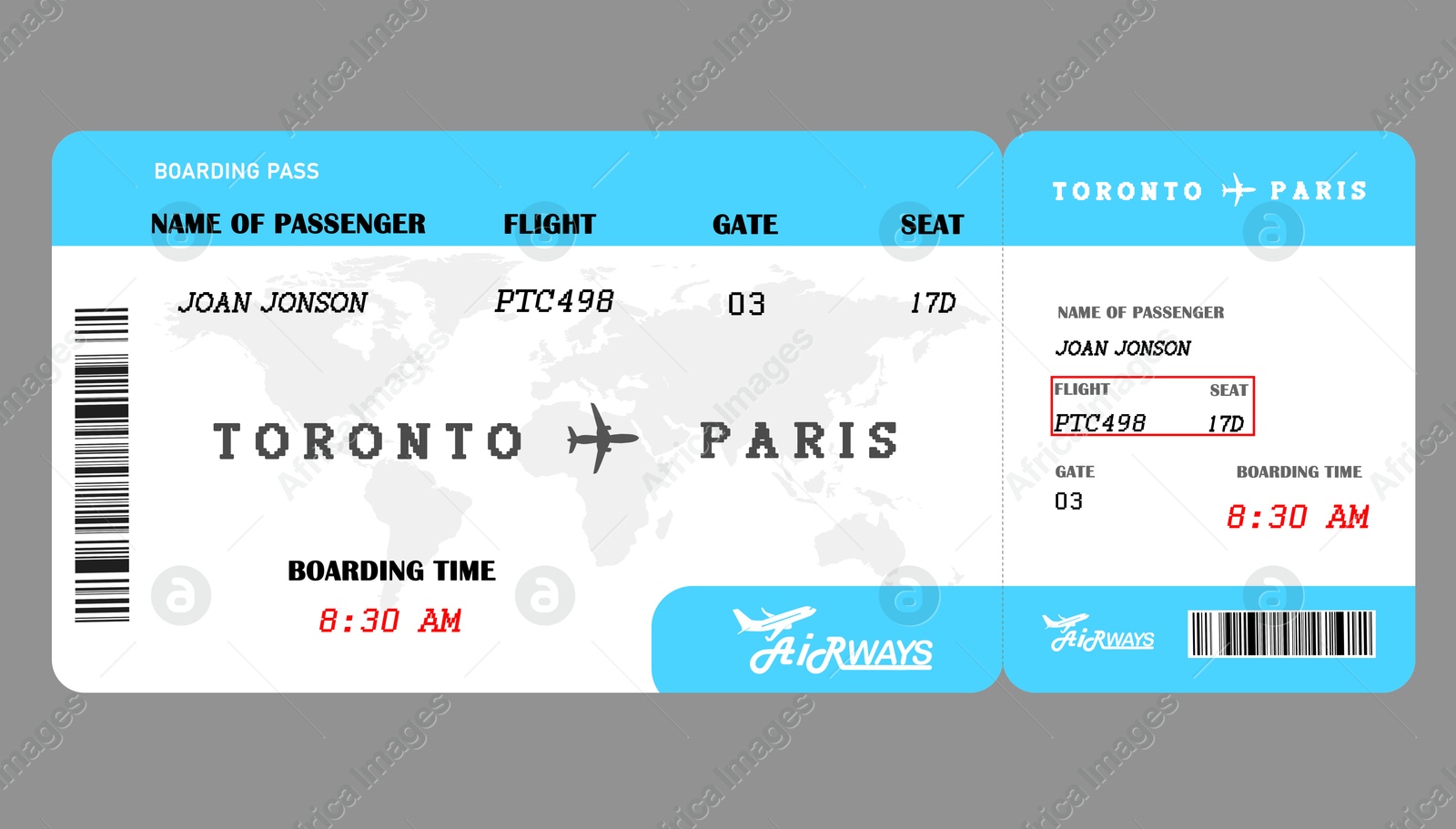 Image of Airline ticket. Boarding pass with information on grey background