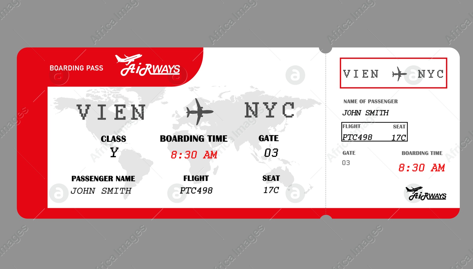 Image of Airline ticket. Boarding pass with information on grey background