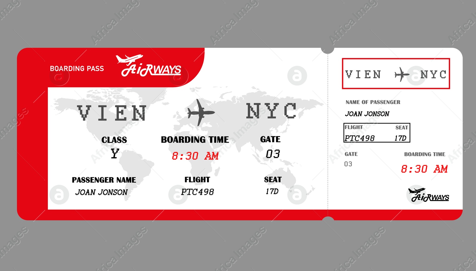 Image of Airline ticket. Boarding pass with information on grey background