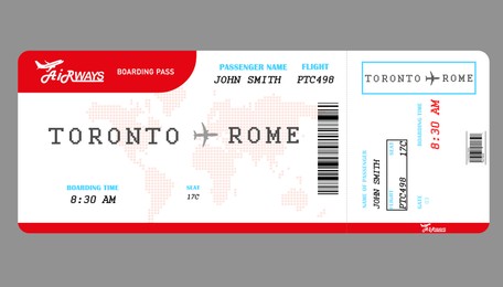 Image of Airline ticket. Boarding pass with information on grey background