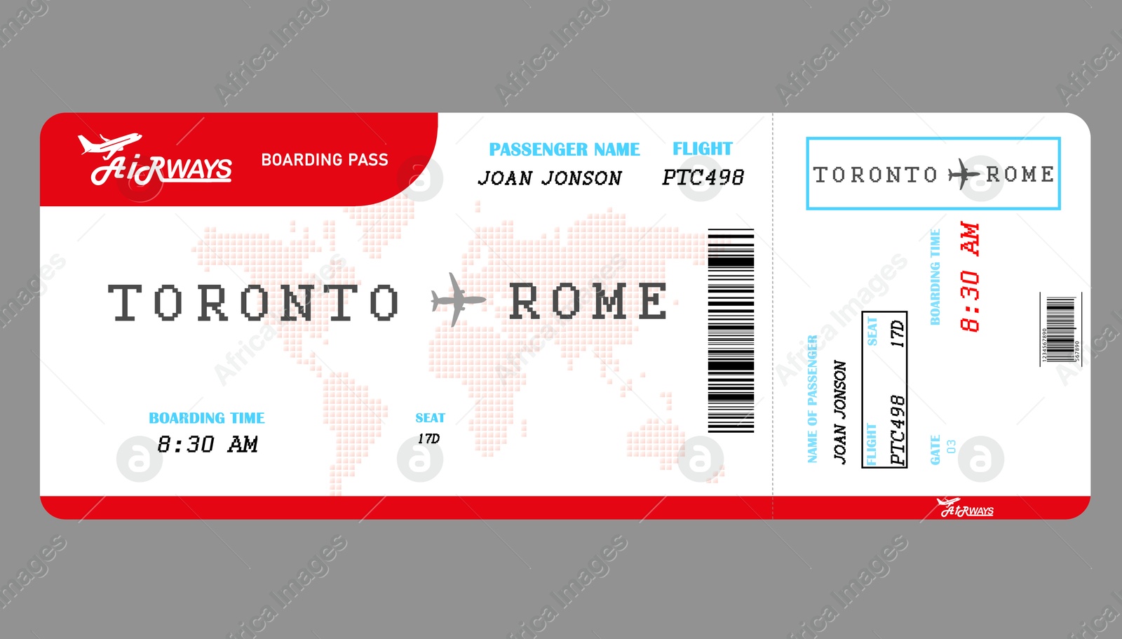 Image of Airline ticket. Boarding pass with information on grey background