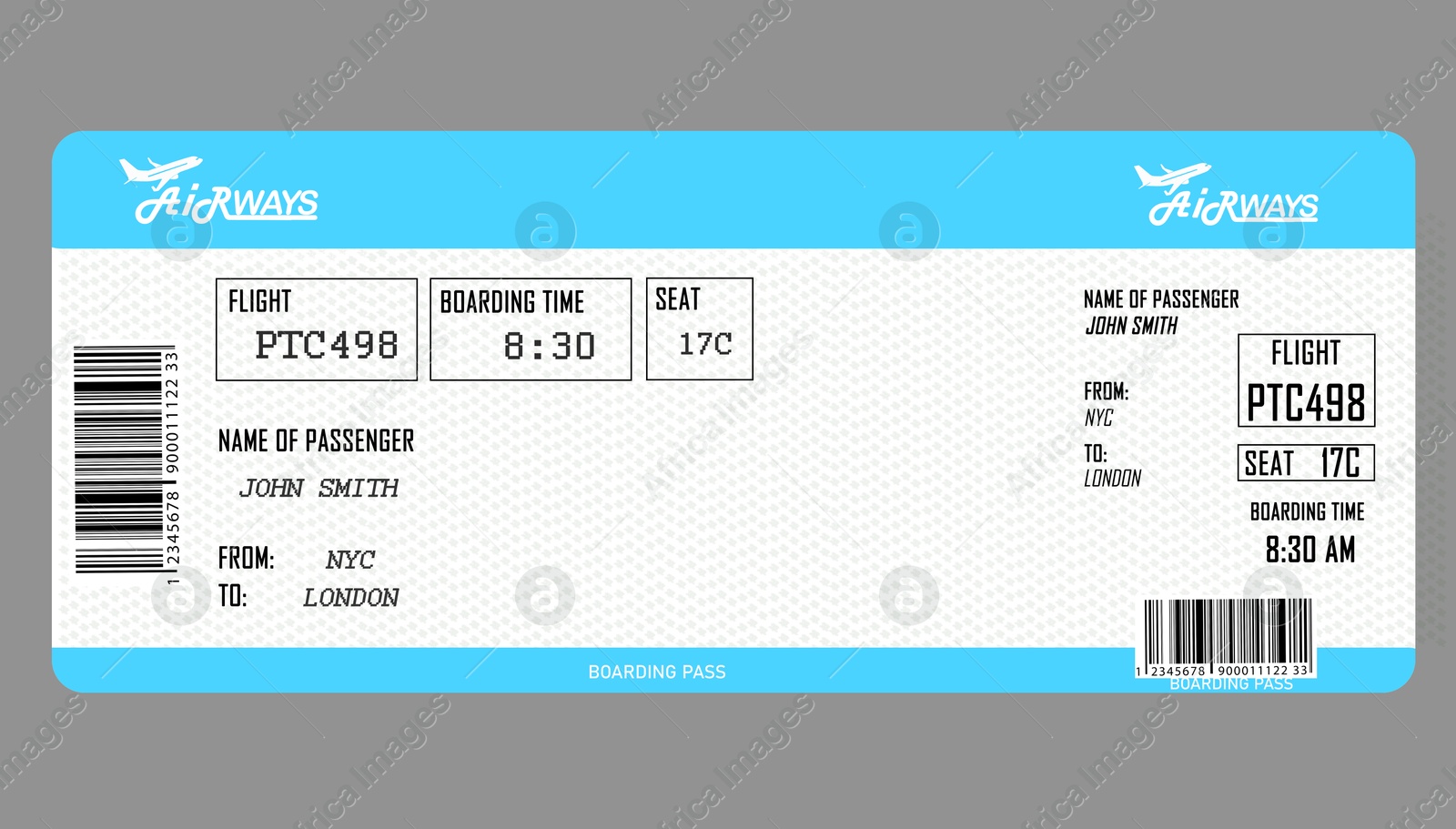 Image of Airline ticket. Boarding pass with information on grey background