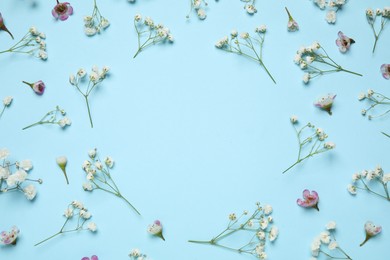 Photo of Frame made of beautiful flowers on light blue background, flat lay with space for text. Floral composition