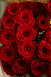 Photo of Beautiful bouquet of fresh roses, closeup. Floral decor