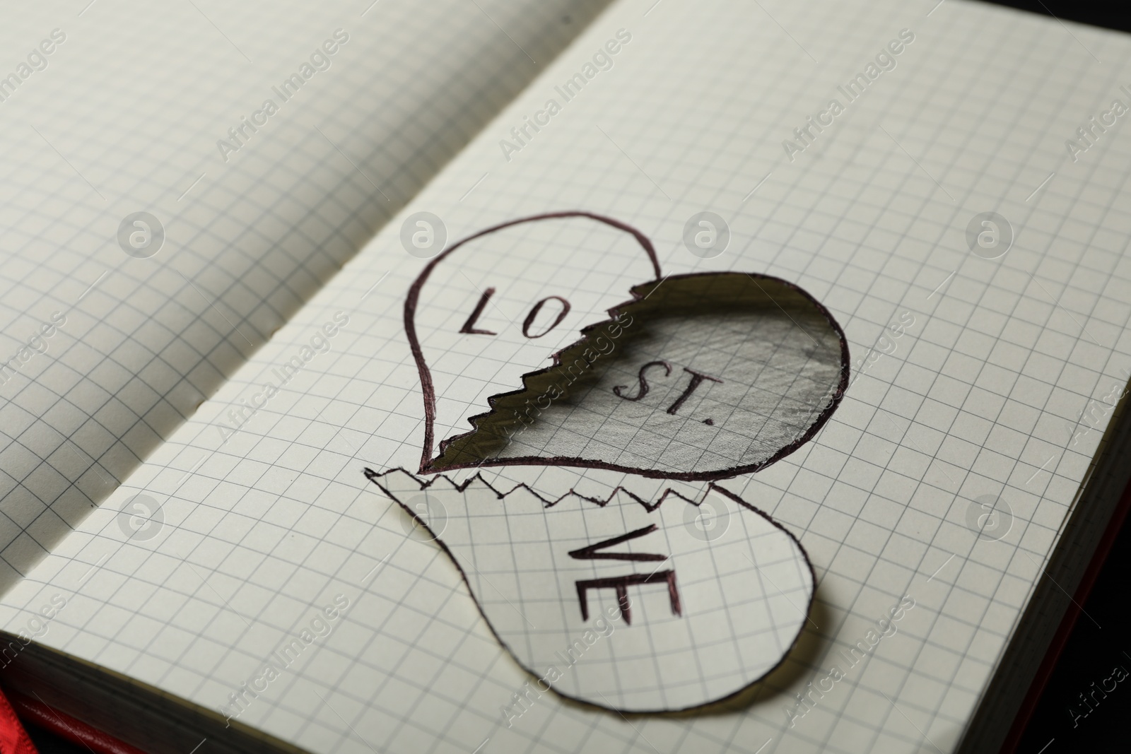 Photo of Broken heart with words LOVE and LOST in notebook, closeup. Relationship problems concept