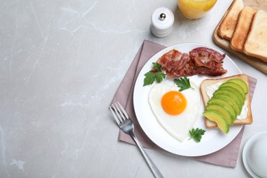 Photo of Romantic breakfast on light grey table, flat lay with space for text. Valentine's day celebration