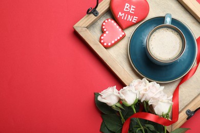 Photo of Romantic breakfast and roses on red background, flat lay with space for text. Valentine's day celebration