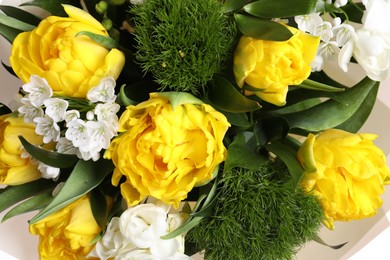 Photo of Beautiful bouquet with peony tulips, closeup view