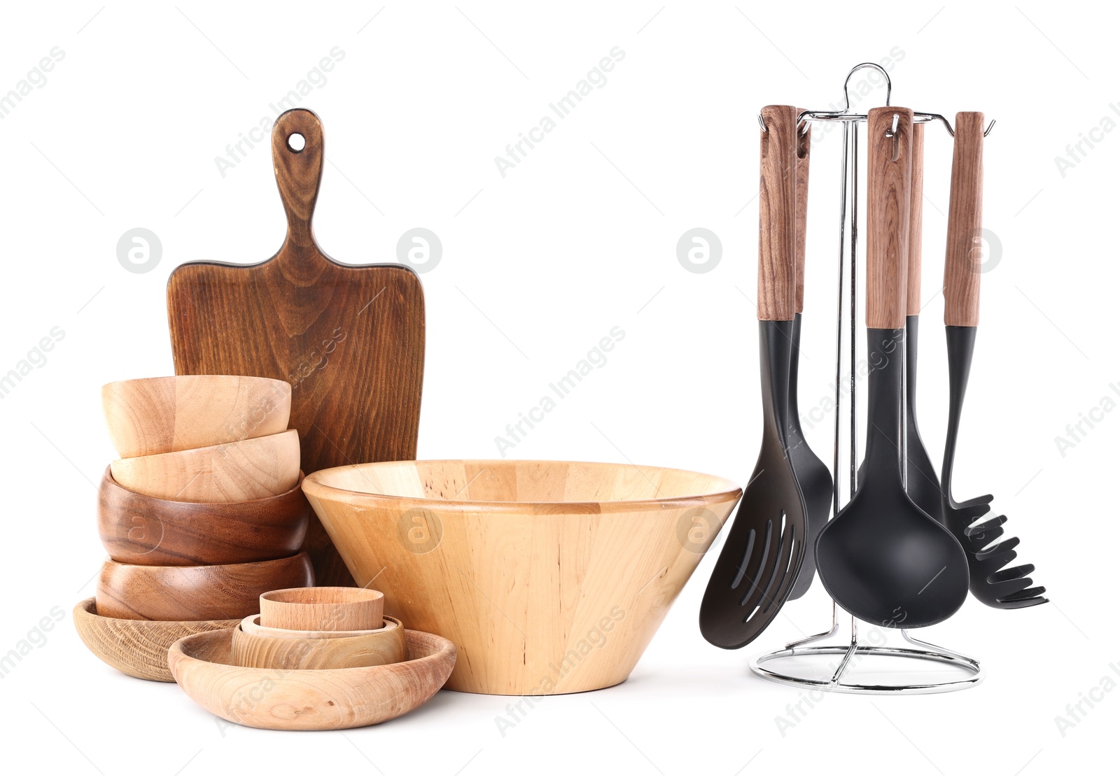 Photo of Set of different cooking utensils isolated on white