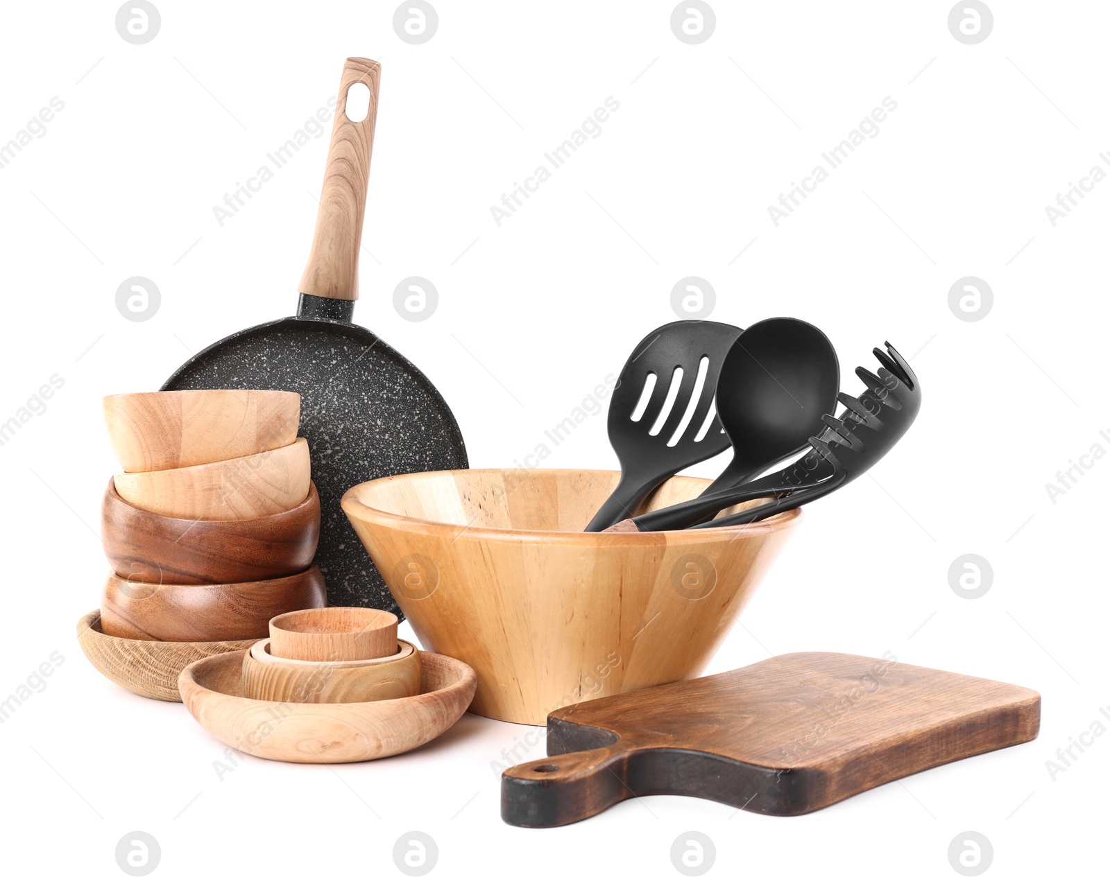 Photo of Set of different cooking utensils isolated on white