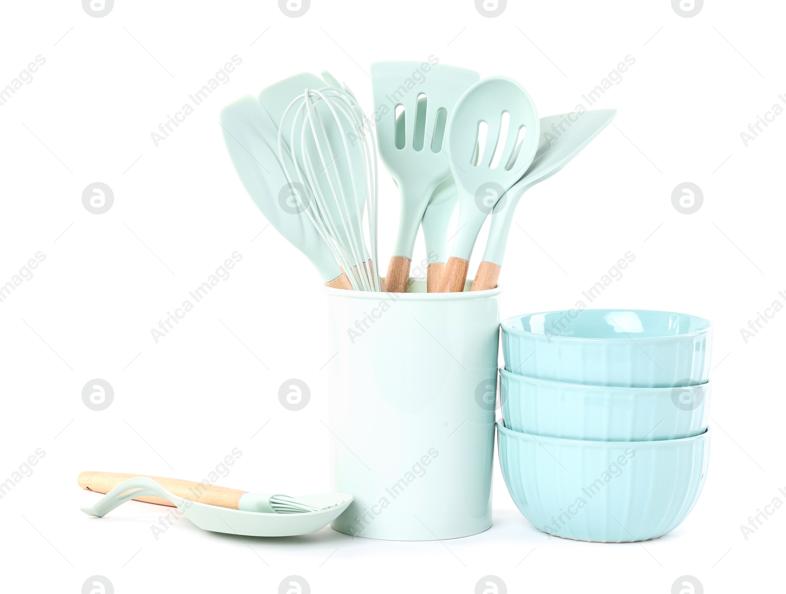 Photo of Set of different cooking utensils isolated on white