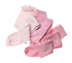 Photo of Pink child's tights isolated on white, top view