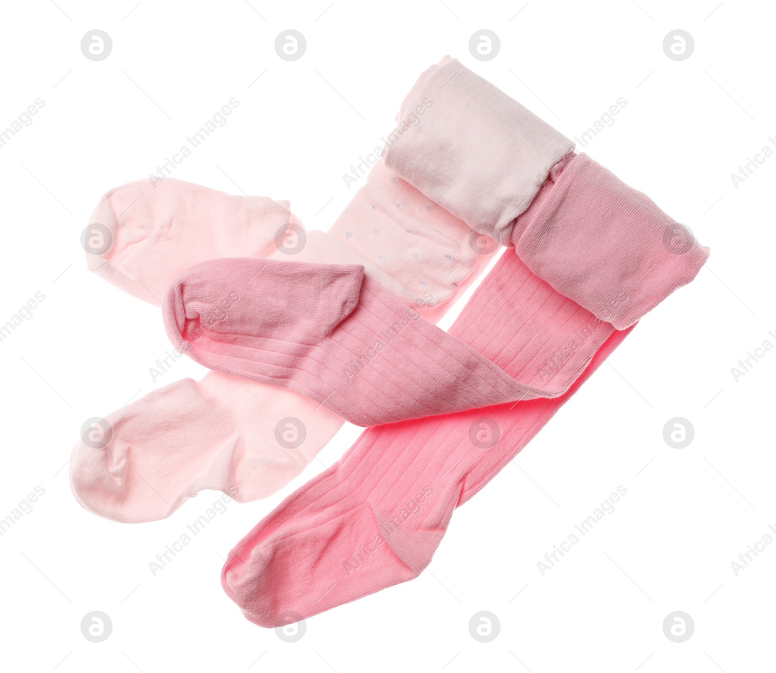 Photo of Pink child's tights isolated on white, top view