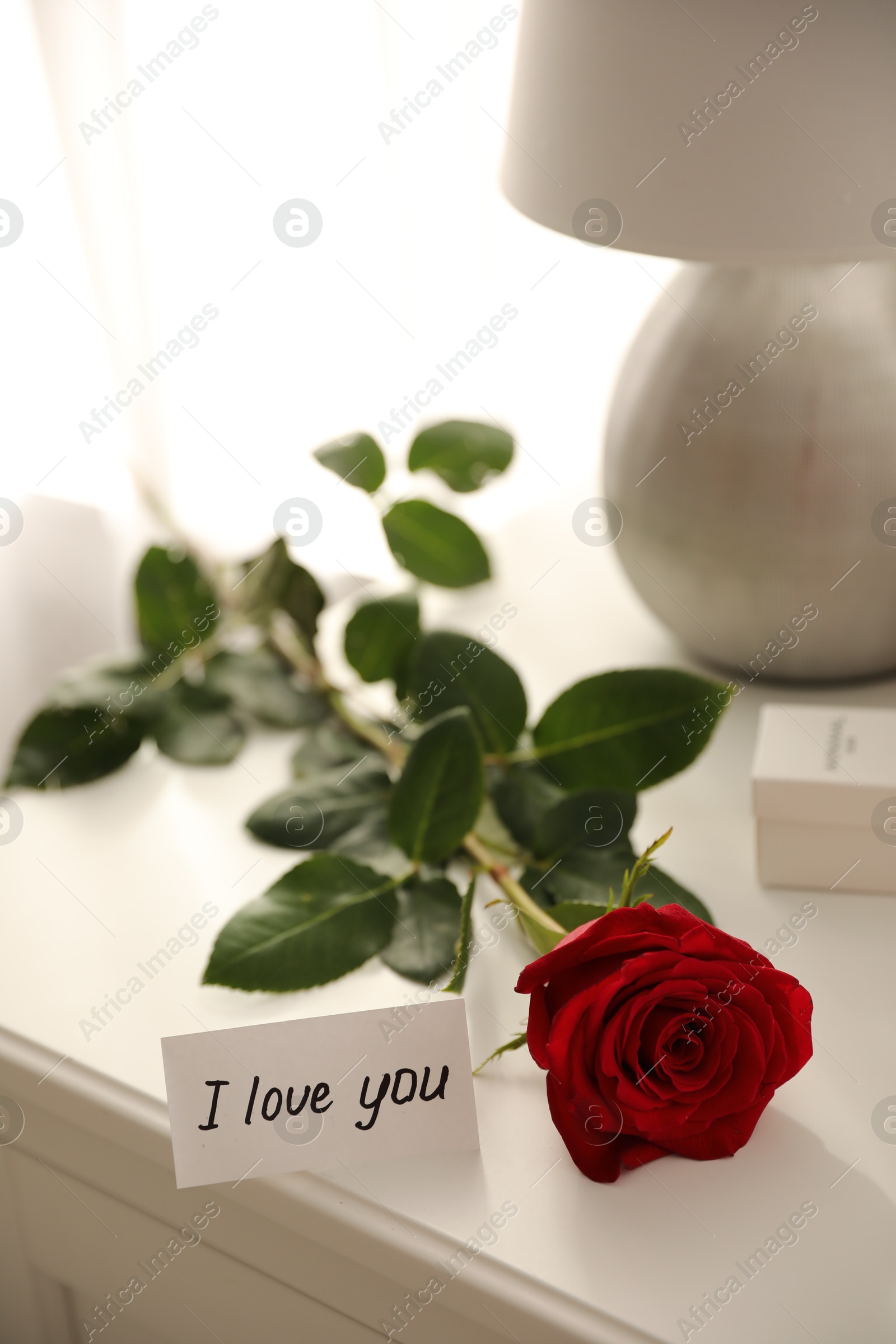 Photo of Paper with text I Love You and red rose on nightstand indoors