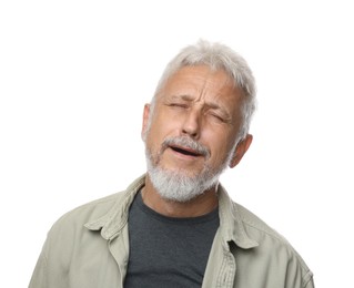 Photo of Sad senior man crying on white background