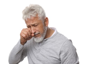 Photo of Sad senior man crying on white background