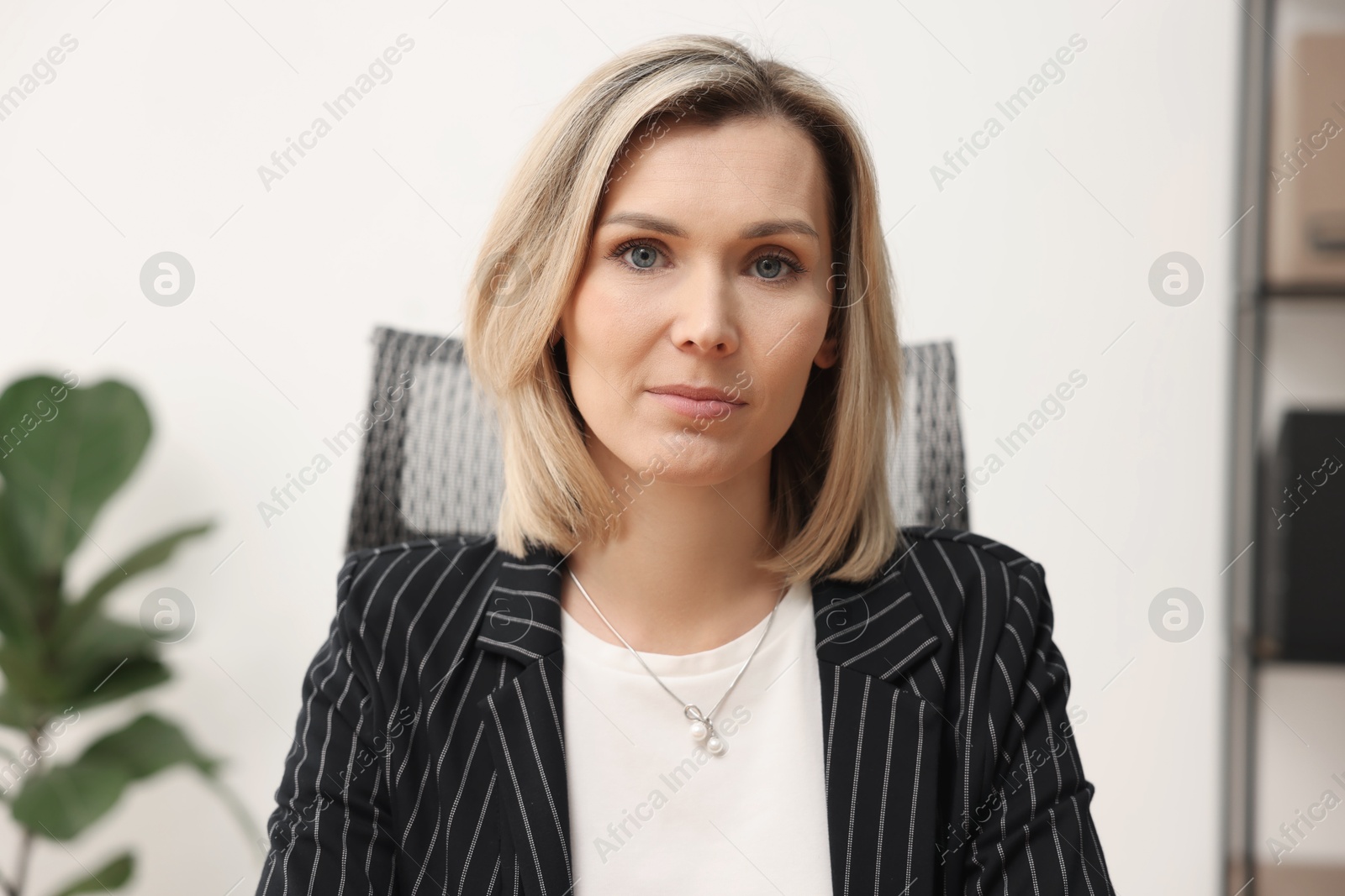 Photo of Portrait of beautiful businesswoman in jacket indoors