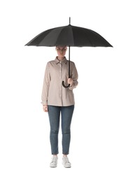 Photo of Young woman with black umbrella on white background