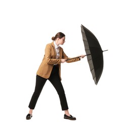 Photo of Young woman with black umbrella on white background