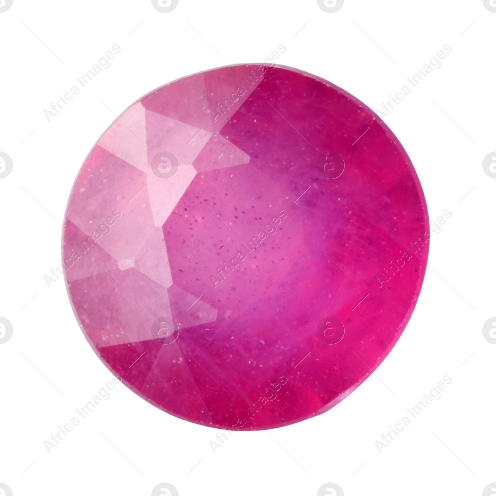 Photo of One shiny pink gemstone isolated on white, top view