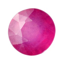 Photo of One shiny pink gemstone isolated on white, top view