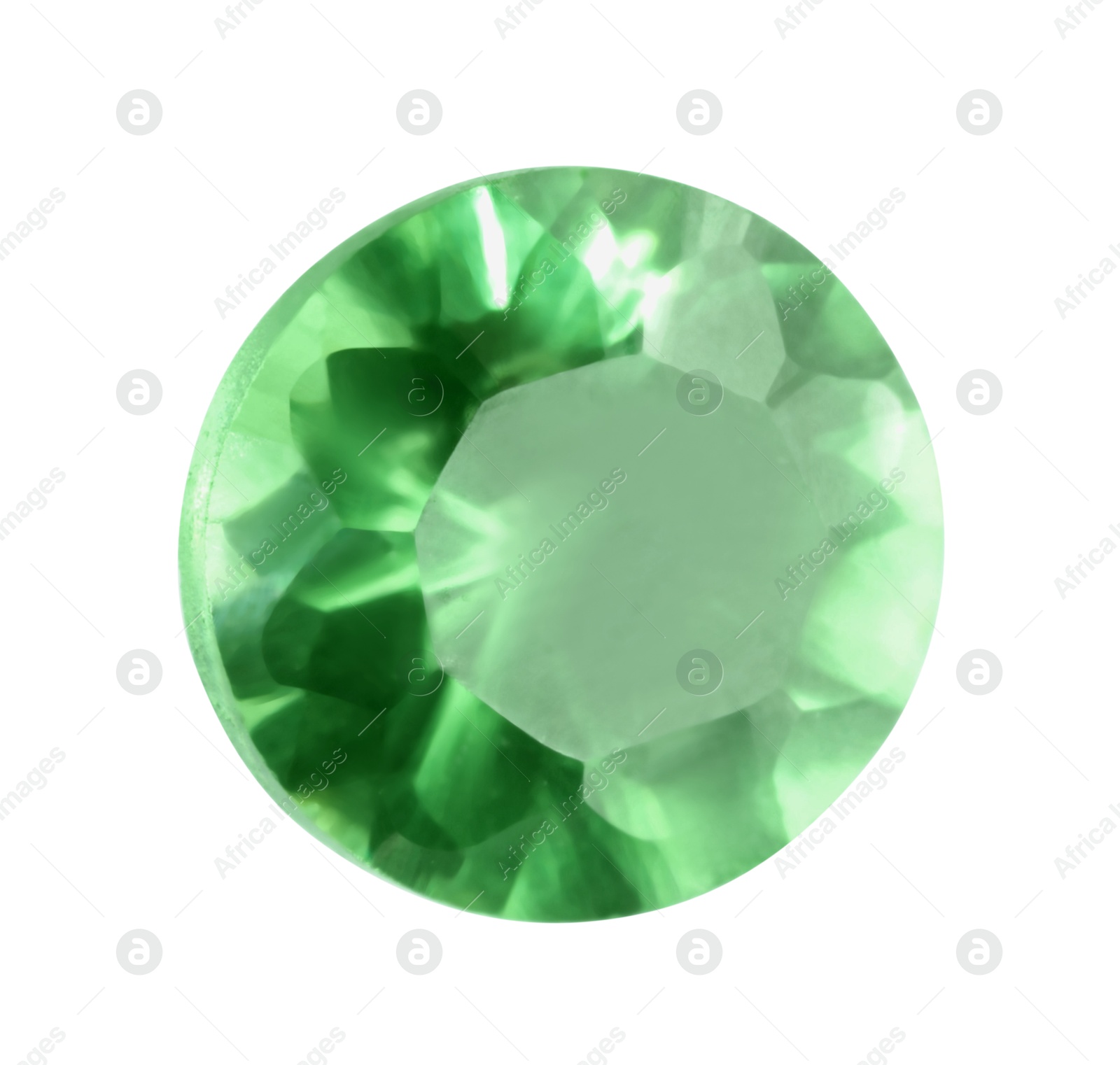 Photo of One shiny green gemstone isolated on white