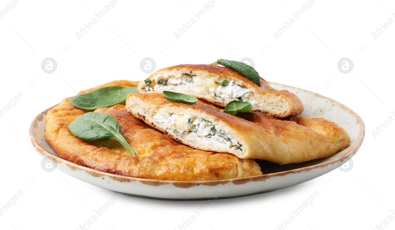 Photo of Tasty calzones with basil and cheese isolated on white