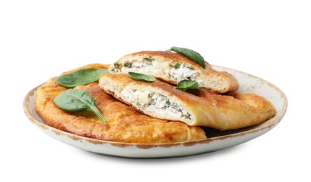 Photo of Tasty calzones with basil and cheese isolated on white