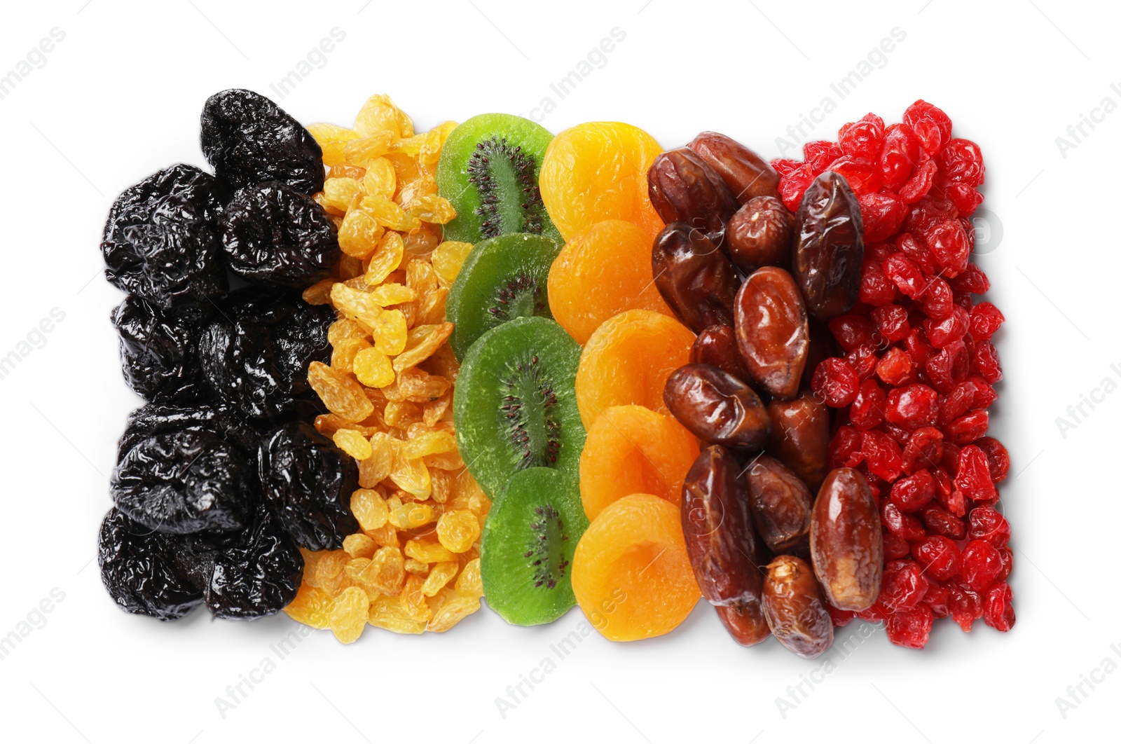 Photo of Different dried fruits isolated on white, top view