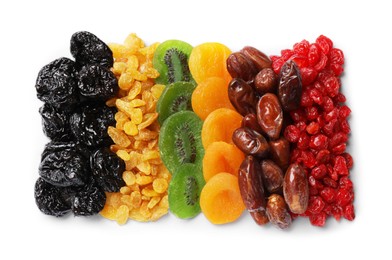 Photo of Different dried fruits isolated on white, top view