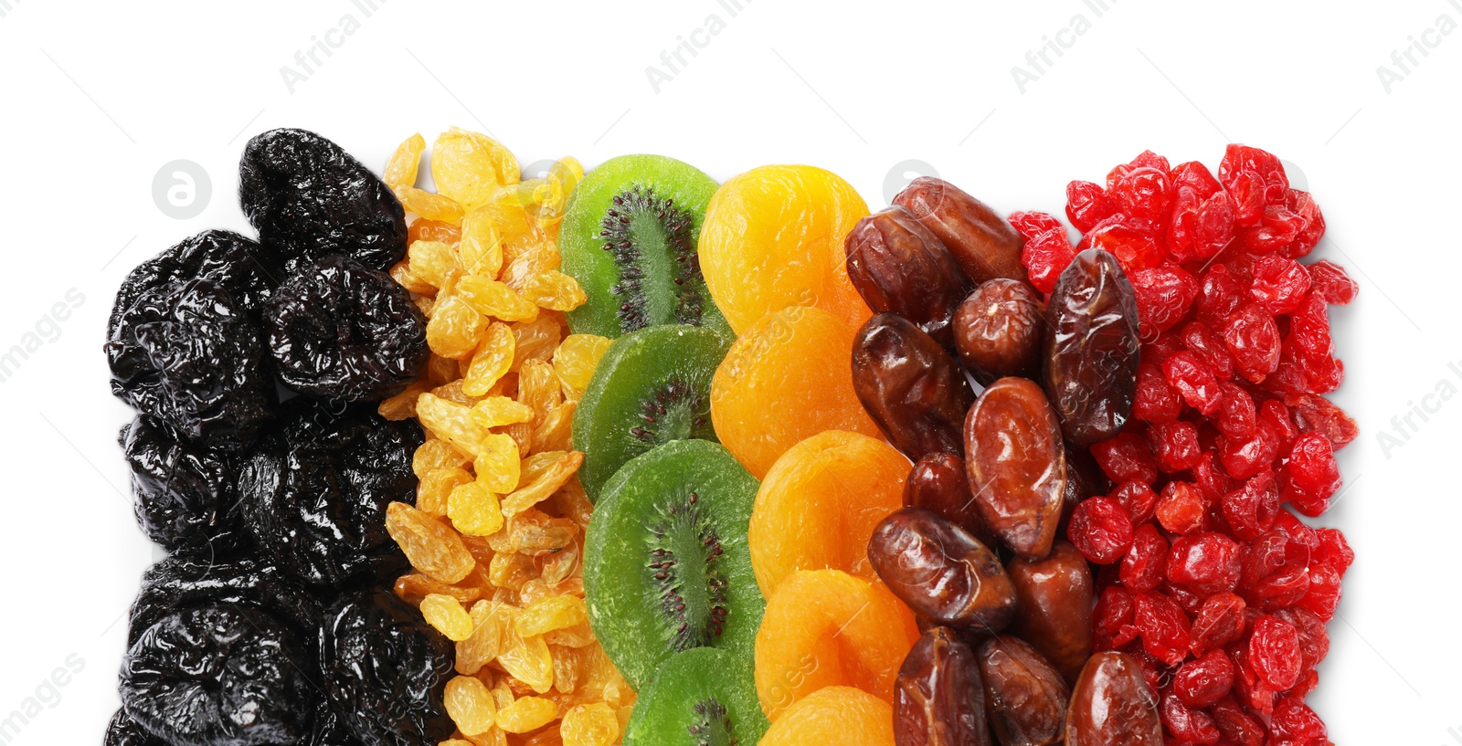 Photo of Different dried fruits isolated on white, top view