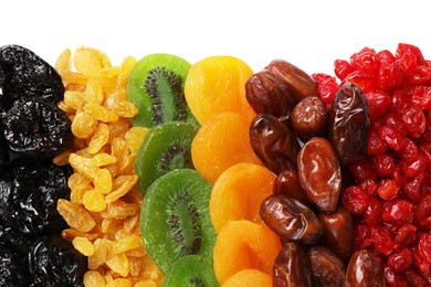 Photo of Different dried fruits isolated on white, top view