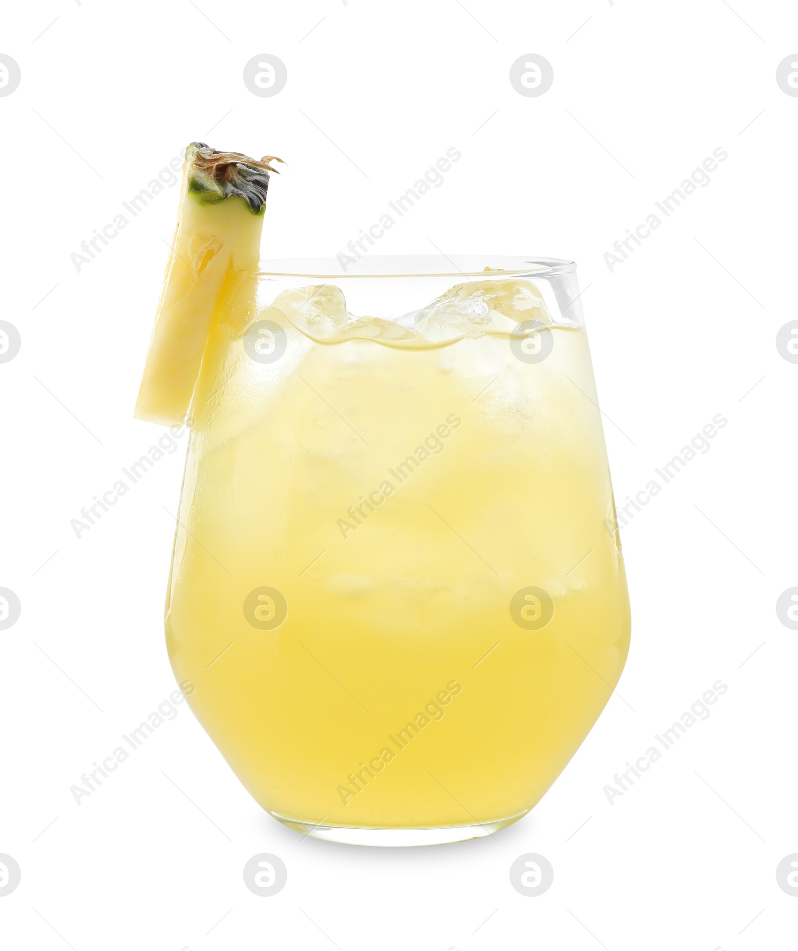 Photo of Tasty pineapple cocktail with ice cubes in glass isolated on white