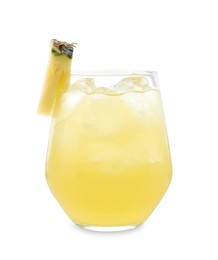 Photo of Tasty pineapple cocktail with ice cubes in glass isolated on white