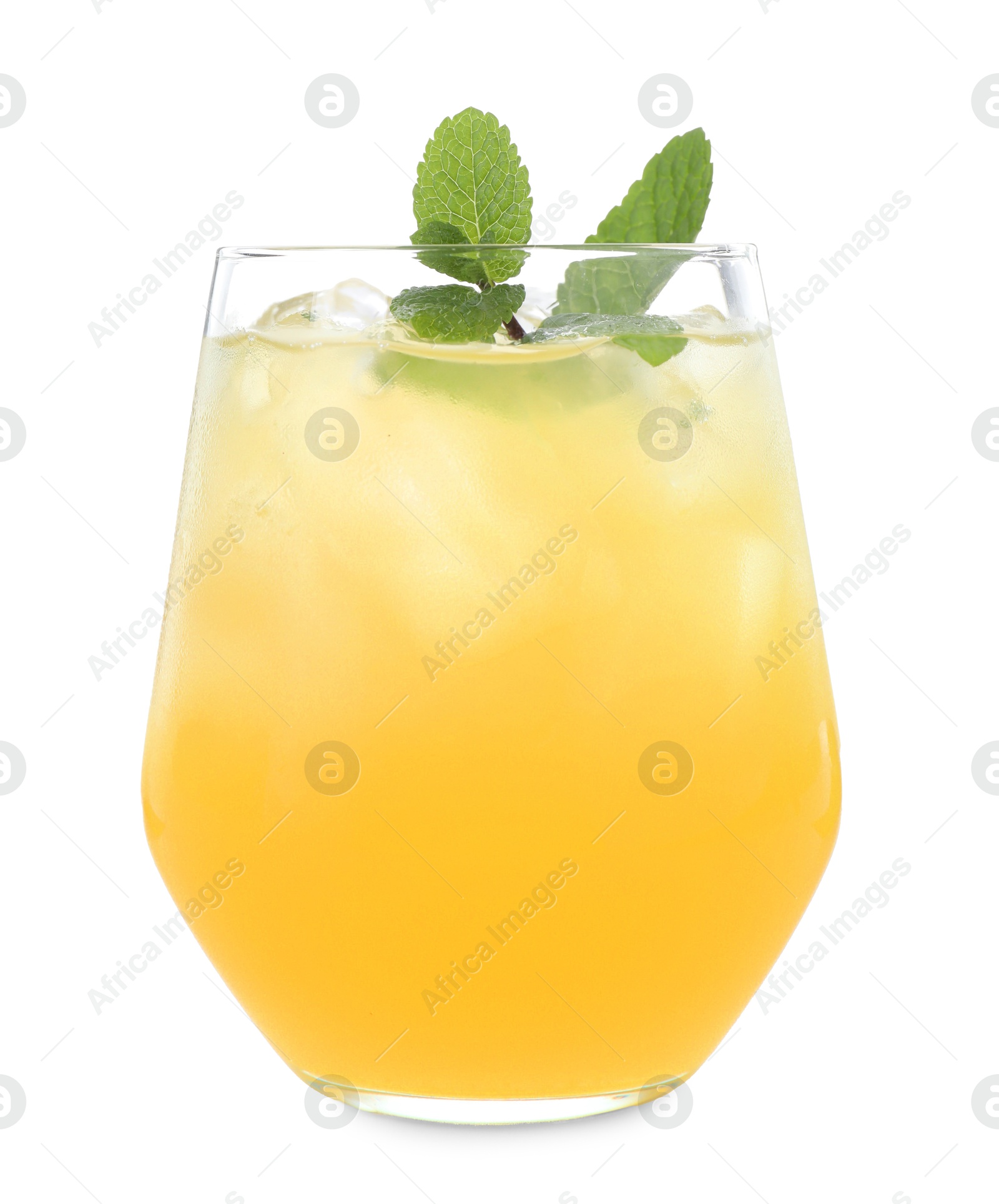 Photo of Tasty pineapple cocktail with mint in glass isolated on white