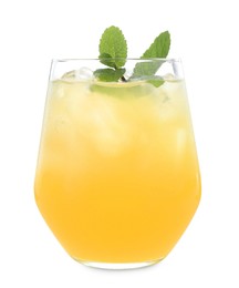 Photo of Tasty pineapple cocktail with mint in glass isolated on white