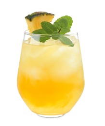 Photo of Tasty pineapple cocktail with mint in glass isolated on white