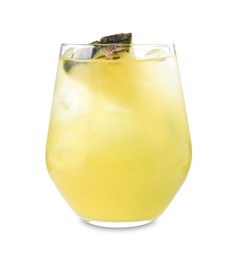 Photo of Tasty pineapple cocktail with ice cubes in glass isolated on white