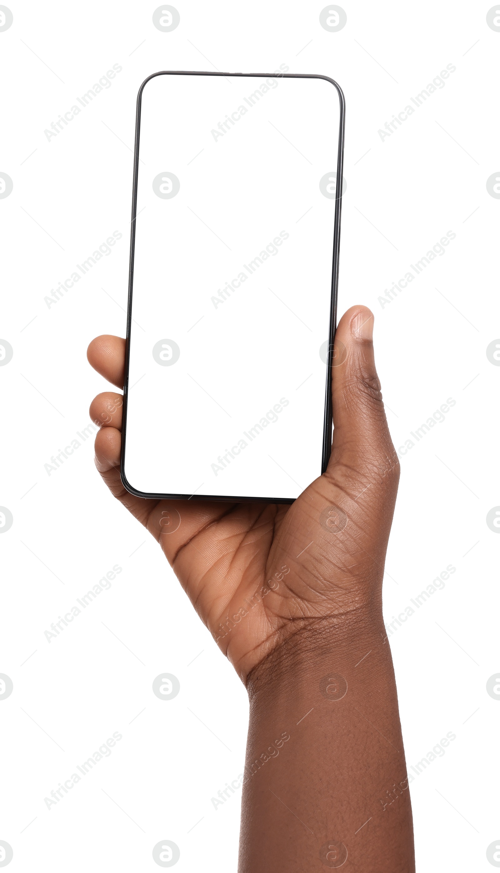 Photo of Woman with modern smartphone on white background, closeup