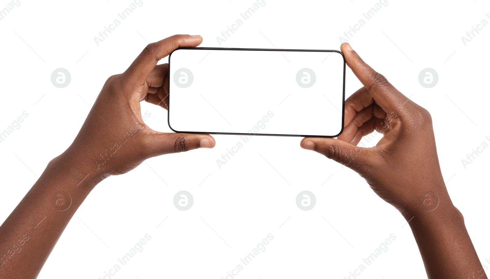 Photo of Woman with modern smartphone on white background, closeup