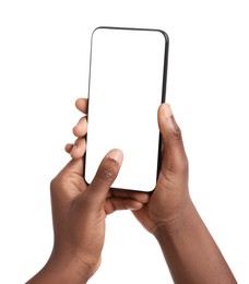 Photo of Woman with modern smartphone on white background, closeup