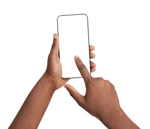 Photo of Woman with modern smartphone on white background, closeup