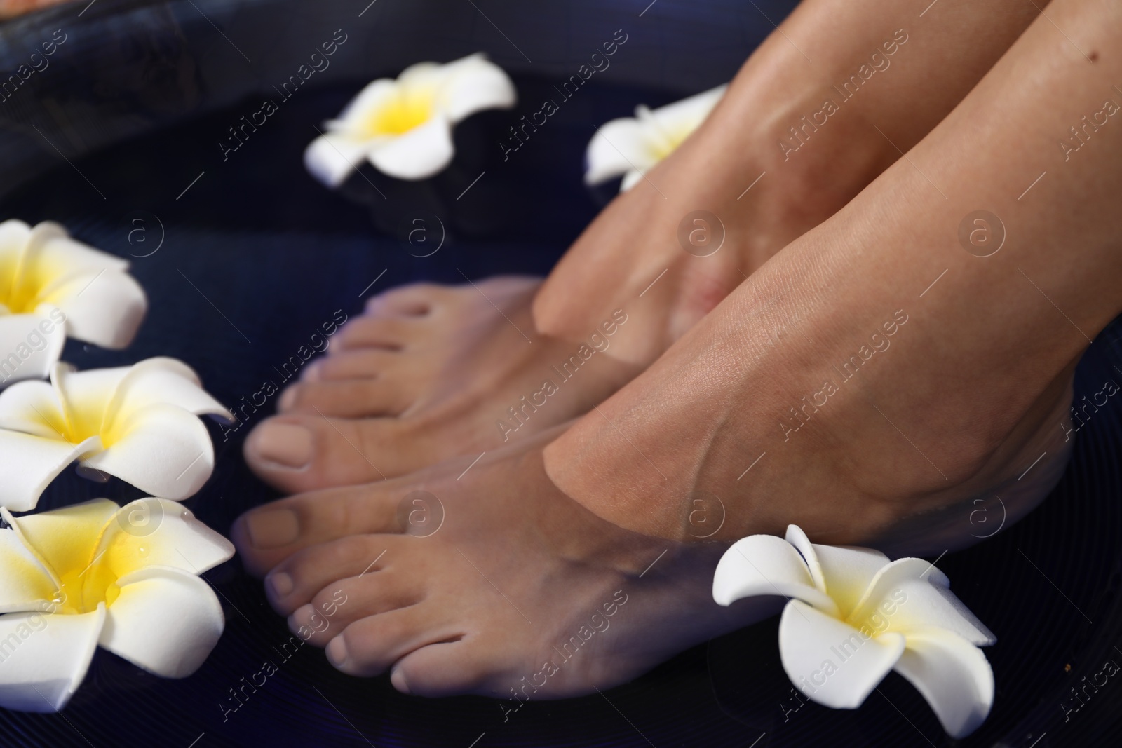 Photo of Woman soaking her feet in bowl with water and plumeria flowers on floor, closeup. Spa treatment