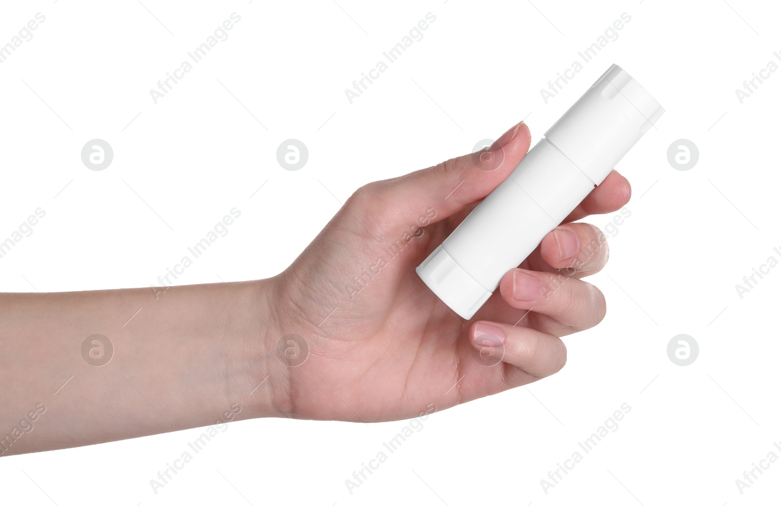 Photo of Woman with glue stick on white background, closeup