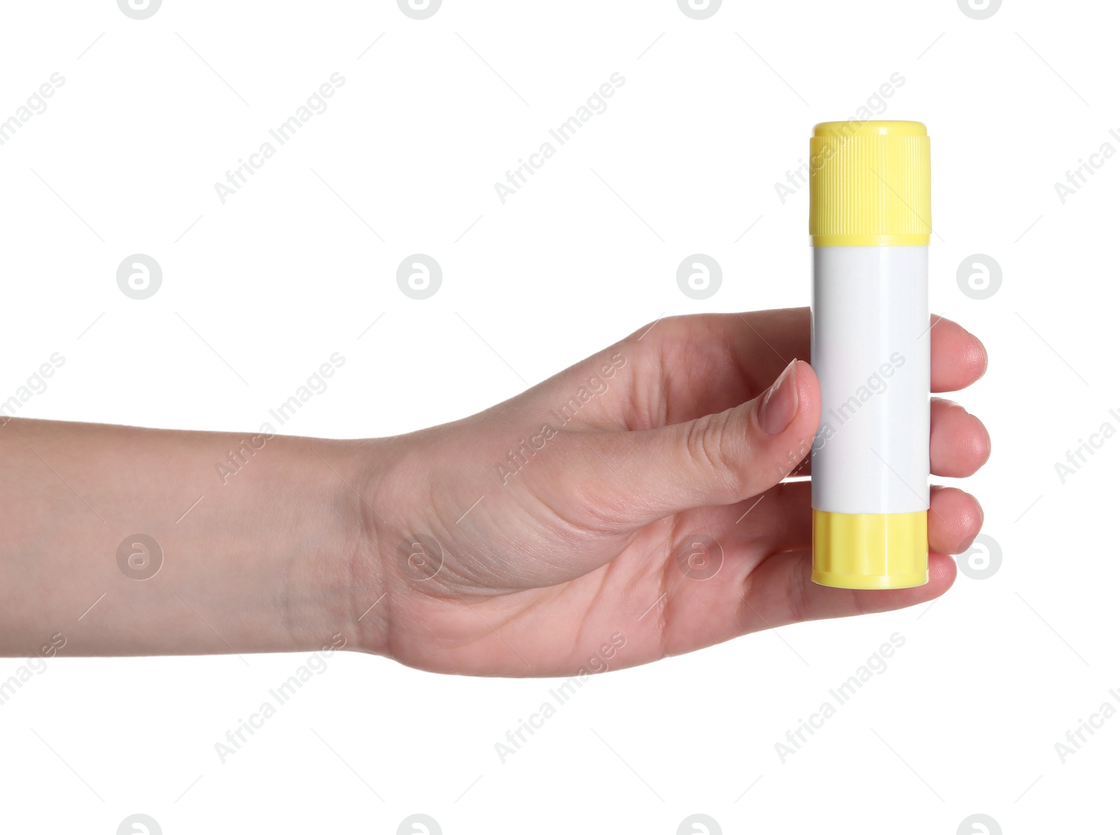 Photo of Woman with glue stick on white background, closeup