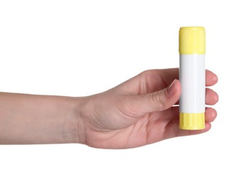 Photo of Woman with glue stick on white background, closeup