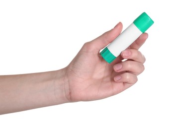 Photo of Woman with glue stick on white background, closeup