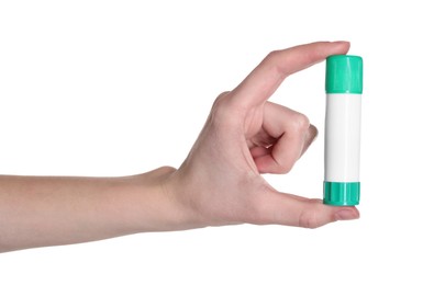 Photo of Woman with glue stick on white background, closeup