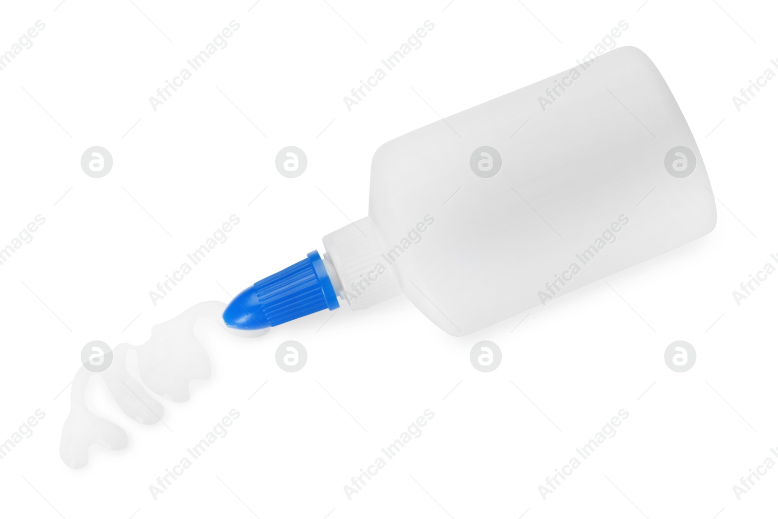 Photo of Bottle and stain of glue isolated on white, top view